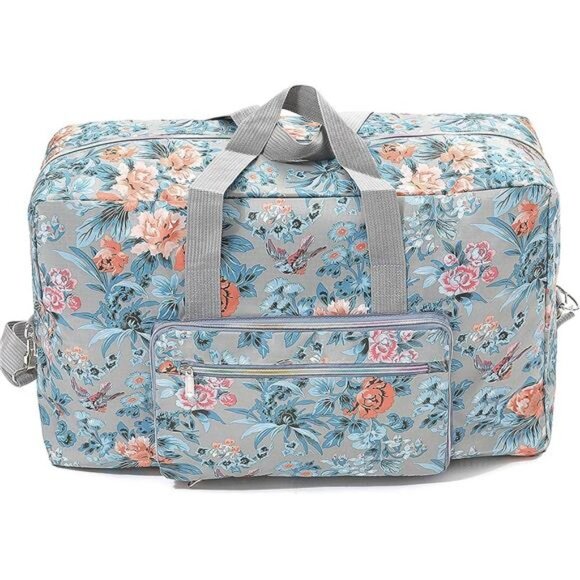 Blue Floral Printed Foldable Travel Duffel Bag Overnight Weekender‎ Bag Carry On - Picture 2 of 6